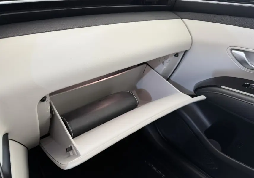Gros plan sur la boîte à gants beige ouverte côté passager du Hyundai Tucson noir, avec un étui noir à l'intérieur.