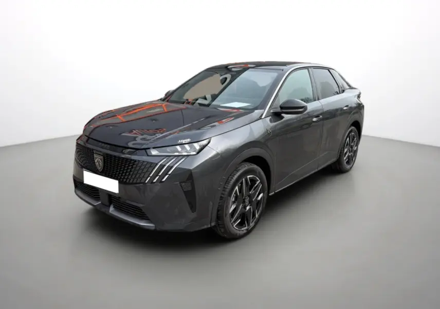 Peugeot 3008 Hybrid gris titane avec toit noir, vue 3/4 avant droit, jantes alu 19 pouces et calandre distinctive.