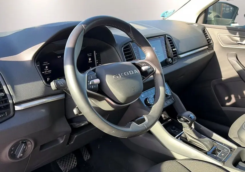 Intérieur de Skoda Karoq gris 2025, vue côté conducteur sur volant multifonction et console centrale avec boîte auto.