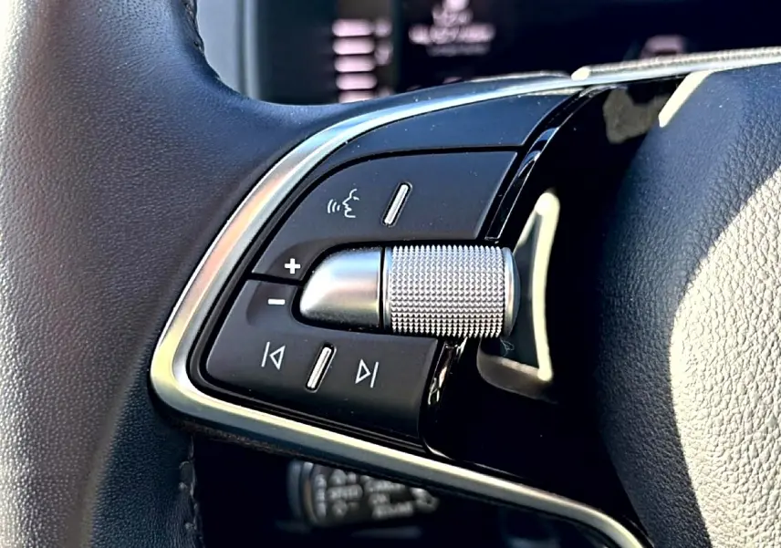 Gros plan sur les commandes audio et vocales sur le côté gauche du volant en cuir noir du Skoda Karoq gris.