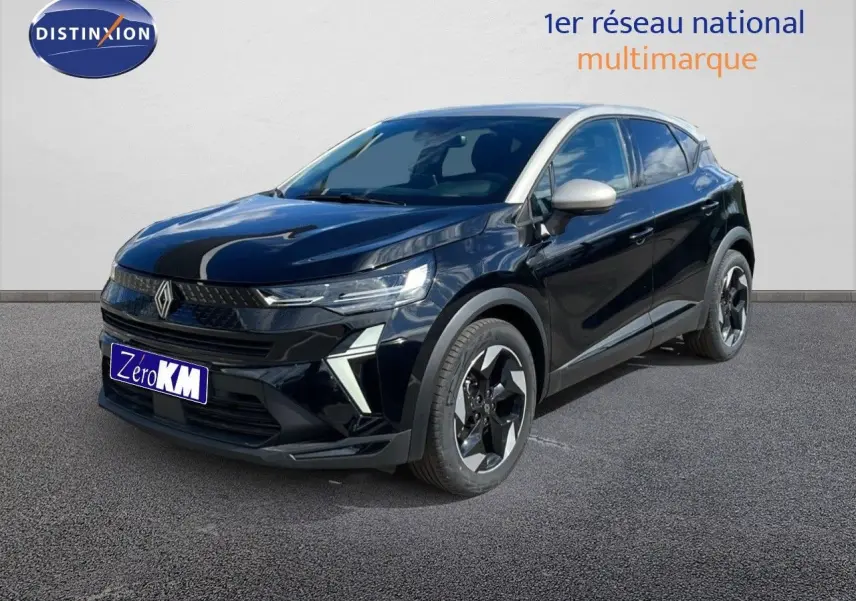 Renault Captur 2025 noir étoile métal avec toit gris, vue 3/4 avant droit mettant en valeur ses optiques LED et jantes biton.