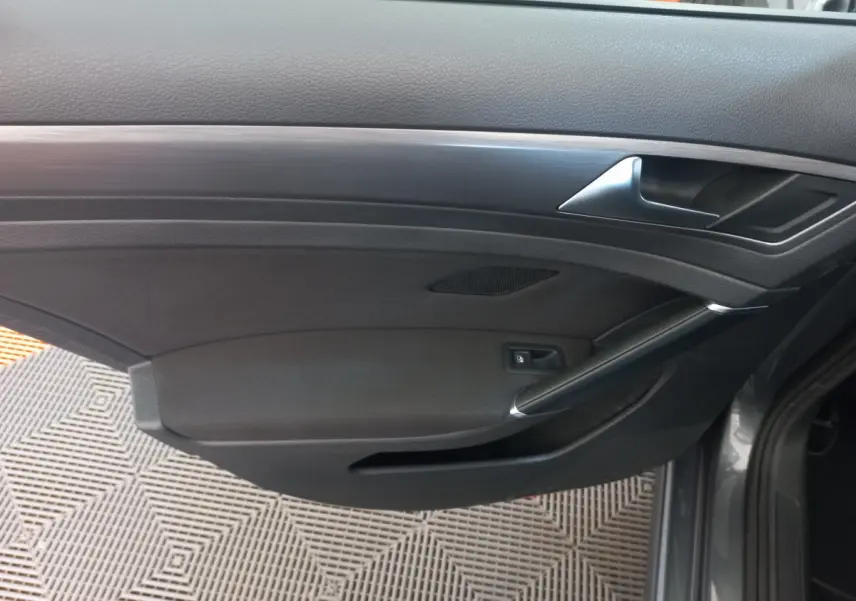 Vue latérale du panneau de porte côté droit gris foncé de la Volkswagen Golf 2019 avec poignée argentée et commande de verrouillage.