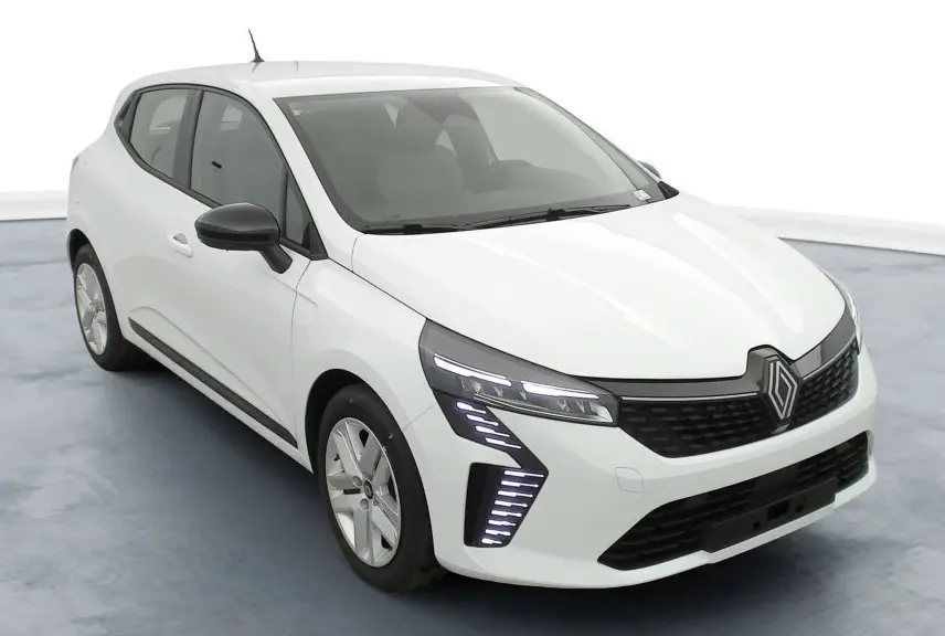 Renault Clio V blanc Glacier vue 3/4 avant droit, avec phares LED et jantes 16" Amiticia.