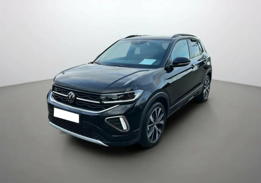 Volkswagen T-Cross TSI 116 DSG7 R-Line noir intense, vue 3/4 avant droit avec jantes alu 18 pouces et barres de toit.
