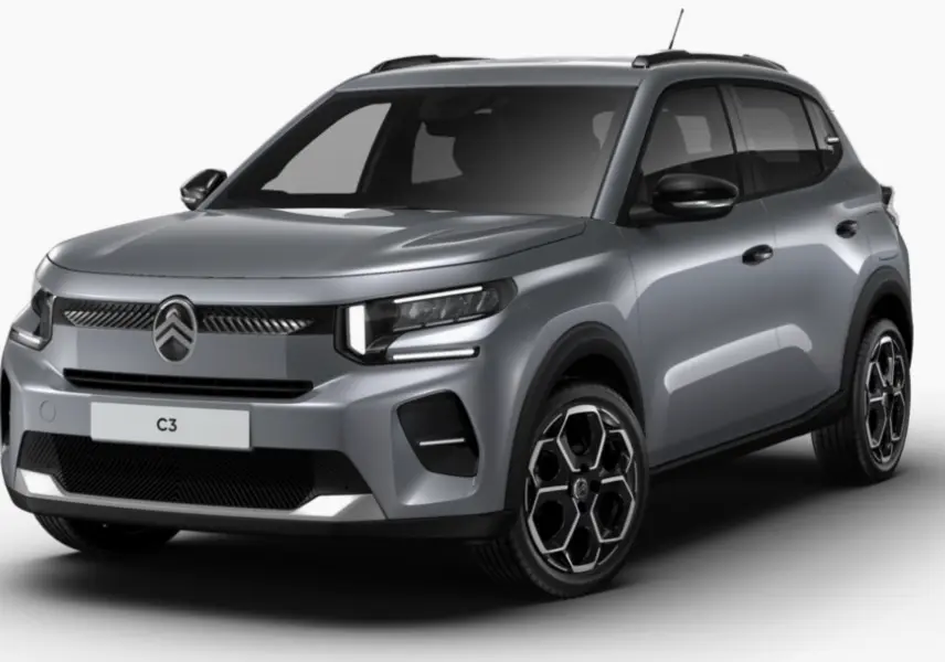 Citroën C3 hybride gris foncé vue 3/4 avant droit avec phares LED et jantes noires à motifs géométriques.