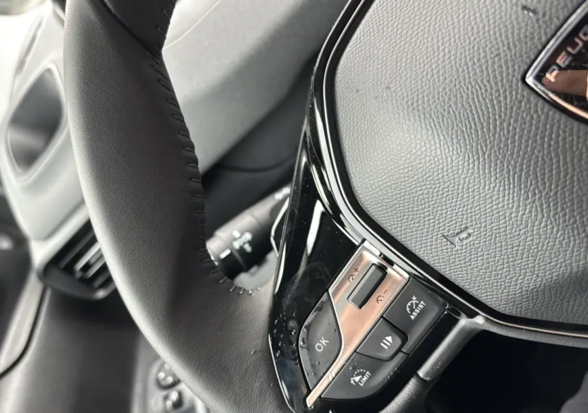 Gros plan sur le volant cuir noir multifonctions du Peugeot Rifter 2026, mettant en valeur les commandes intégrées.