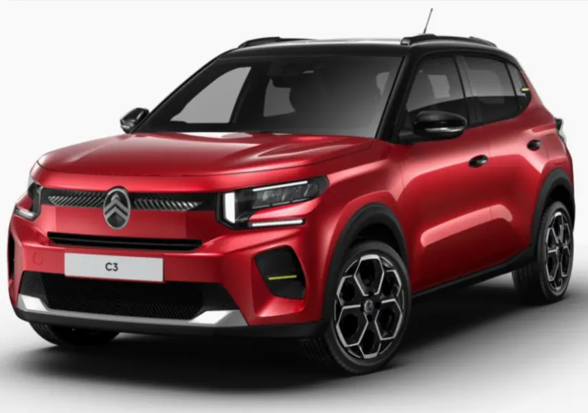 Citroën C3 hybride rouge vue 3/4 avant droit, avec toit noir et jantes au design hexagonal.