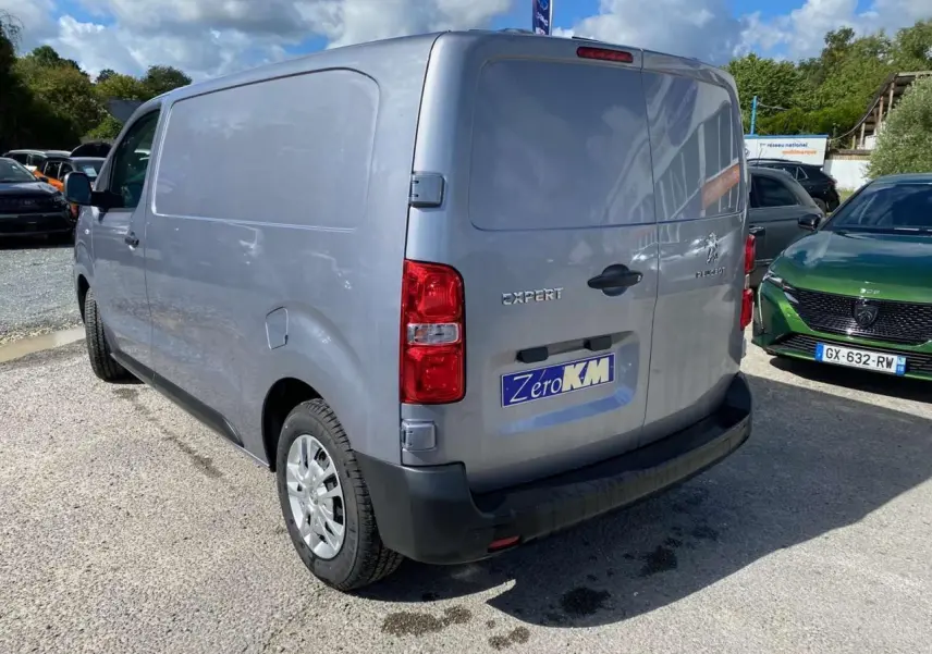 Vue 3/4 arrière droite du Peugeot Expert Fourgon gris Artense métallisé avec portes battantes et roue de secours visible.
