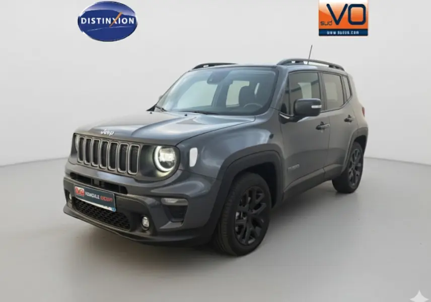 Jeep Renegade gris anthracite vue 3/4 avant droit avec barres de toit et jantes alliage noires.