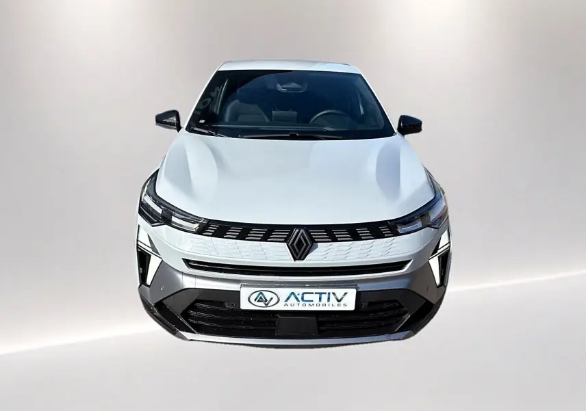 Vue avant frontale de la Renault Symbioz 2026 gris rafale avec calandre noire et phares LED fins.