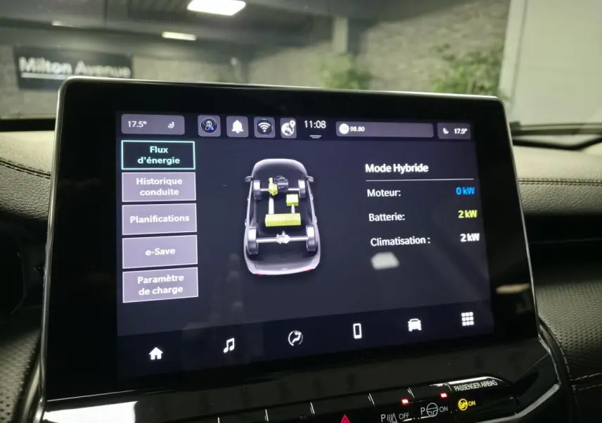 Écran tactile intérieur du Jeep Compass 2024 affichant le mode hybride et le flux d'énergie en détail.