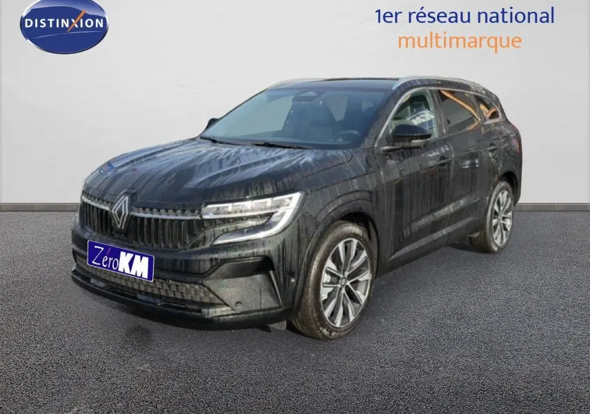 Renault Espace 2025 noir étoile métal en 3/4 avant droit, SUV hybride avec jantes alliage et calandre distinctive.