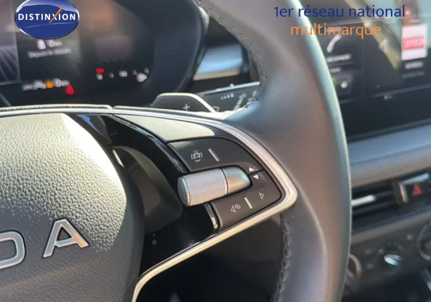 Gros plan sur le volant en cuir noir et la commande de boîte automatique d'une Skoda Fabia gris graphite.