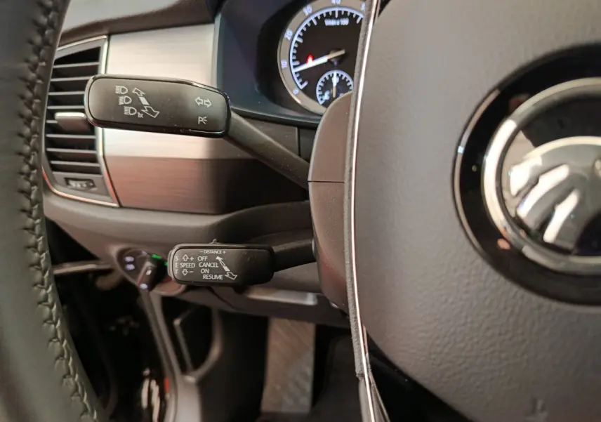 Gros plan sur le volant cuir noir et les commandes de clignotants et régulateur de vitesse du Skoda Kodiaq Ambition 2021.