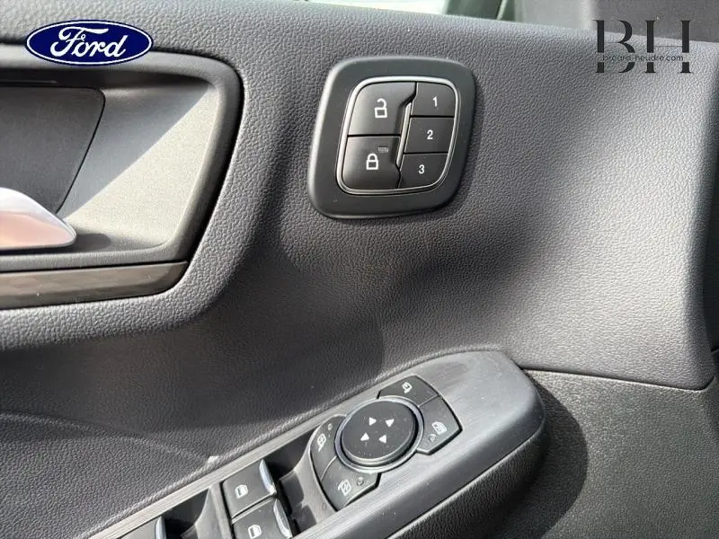 Détail de la porte côté conducteur du Ford Kuga gris Magnetic, montrant les commandes de verrouillage et réglage des rétroviseurs.