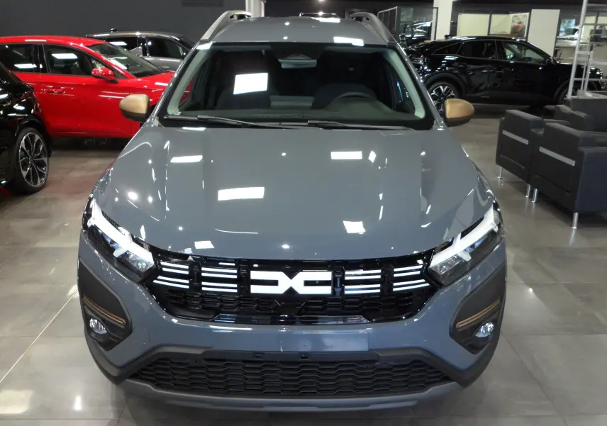 Vue frontale d'un Dacia Jogger TCe 110 gris urbain avec calandre noire et détails cuivrés sur les rétroviseurs.