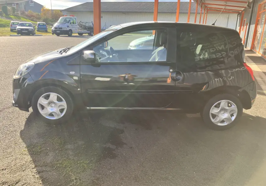 Profil côté gauche d'une Renault Twingo II noire de 2011, compacte et avec jantes argentées, stationnée en extérieur.