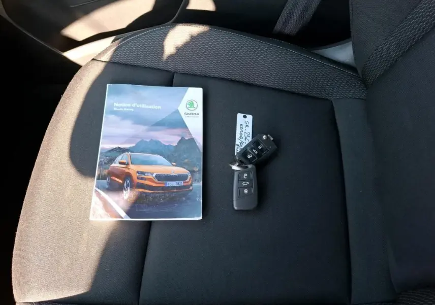 Gros plan sur la poignée intérieure noire et les finitions chromées de la porte avant droite d’un Skoda Karoq gris 2023.