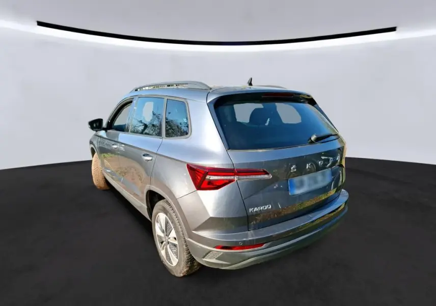 Vue de profil côté gauche d'un Skoda Karoq gris 2023 avec jantes alu 17 pouces dans un garage.