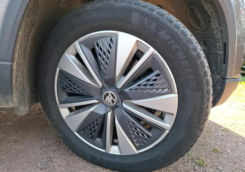 Vue arrière d'un Skoda Karoq gris 2023 avec feux LED et plaque Distinxion dans un garage intérieur.
