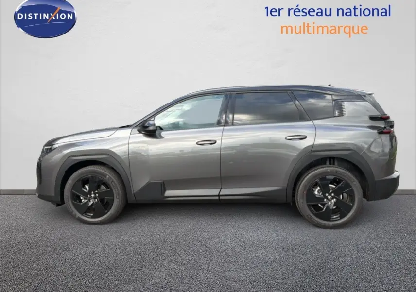 Profil droit d'un Citroën C5 Aircross Hybrid gris platinium métal avec jantes noires et détails modernes.