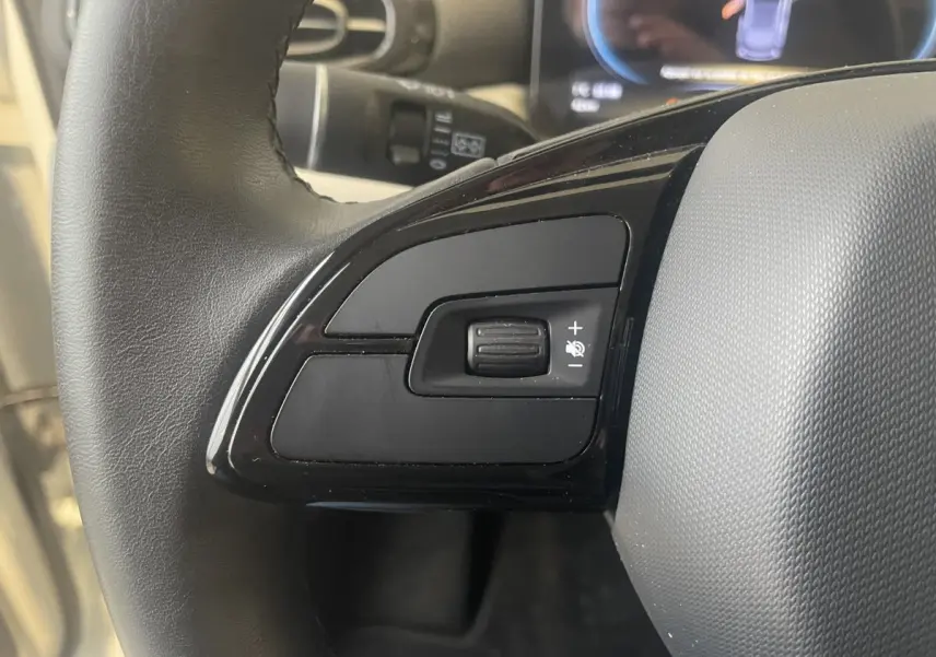 Gros plan sur le volant cuir noir du LEAPMOTOR T03 Luxury 2025 avec commandes multifonctions et molette de réglage du volume.