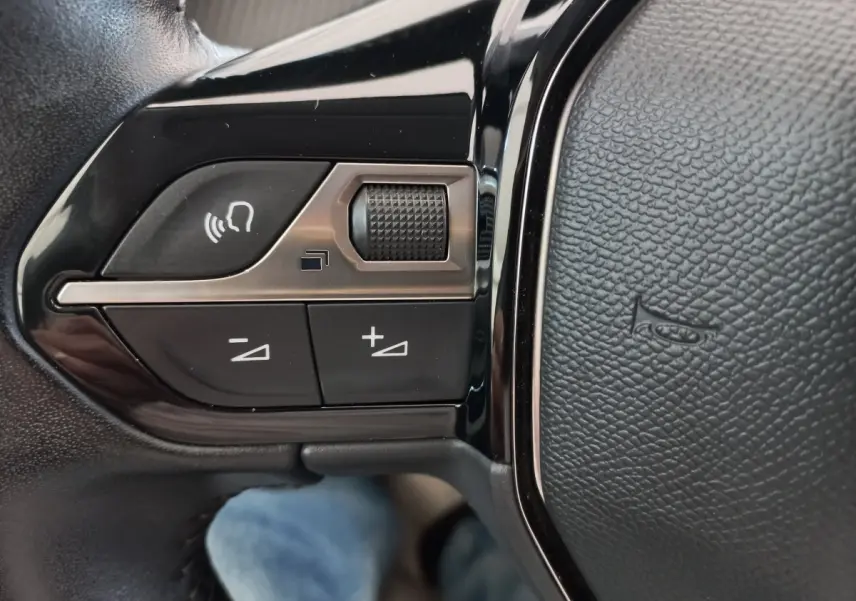 Gros plan sur les commandes de volume et de reconnaissance vocale sur le volant cuir noir d'une Peugeot 208 blanche.