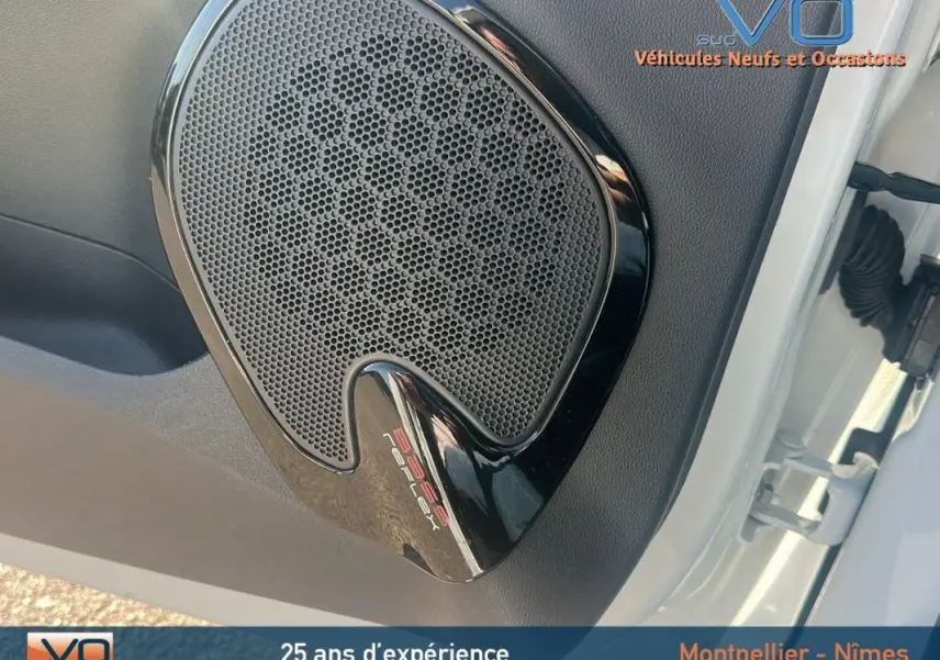 Gros plan sur le haut-parleur de porte avant droite de la Renault Clio IV Estate Business blanc visible avec cadre noir brillant.