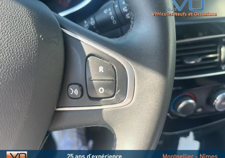 Gros plan sur le volant cuir de la Renault Clio IV Estate Business blanc, avec commandes audio et tableau de bord en arrière-plan.