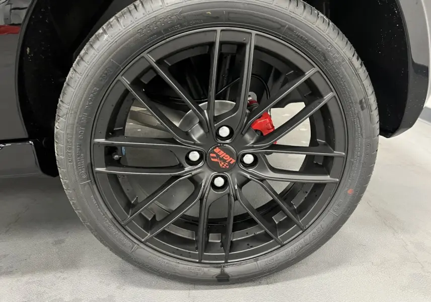 Gros plan sur la jante alu noire mate 16" avec logo Ligier rouge et étrier de frein rouge sur roue arrière.