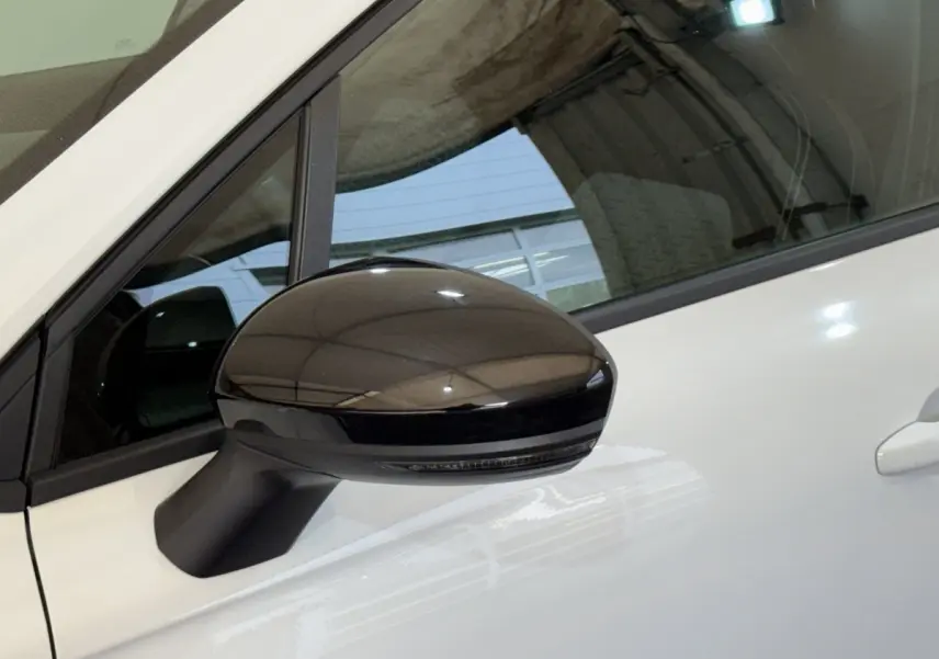 Rétroviseur noir côté gauche de la Renault Clio Business TCe 100 GPL blanc, vue rapprochée sur porte et vitre.