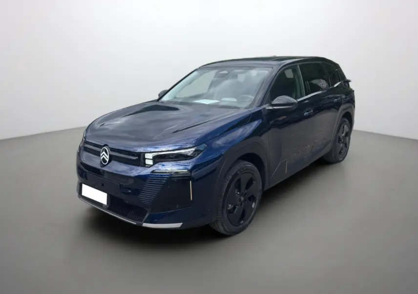 Citroën C5 Aircross New Hybrid 145 en bleu eclipse avec toit noir, vue 3/4 avant droit sur fond neutre.