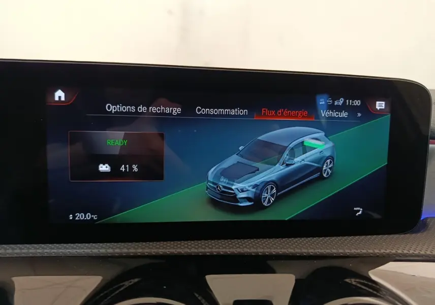 Écran intérieur affichant la recharge à 41% d’une Mercedes Classe A blanche vue en 3/4 avant sur l’interface multimédia.