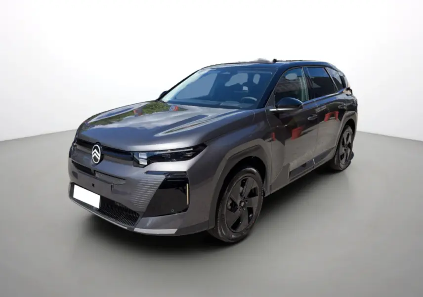 Citroën C5 Aircross New Hybrid 145 gris platinium toit noir, vue 3/4 avant avec jantes noires et vitres surteintées.