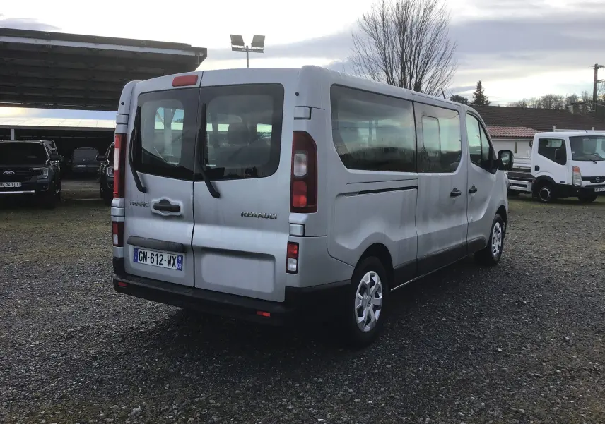 Vue 3/4 arrière droite d'un Renault Trafic Combi gris clair métal avec portes arrière vitrées sur un parking extérieur.