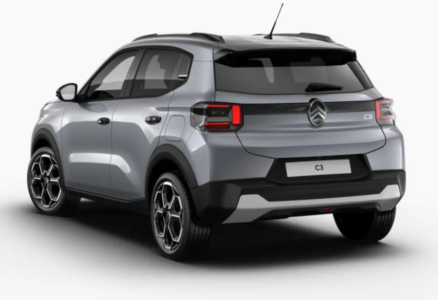 Vue 3/4 arrière droite d'une Citroën C3 hybride gris foncé avec feux arrière LED et toit noir contrasté.