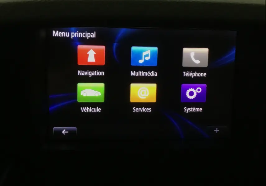 Écran tactile du système R-LINK 2 du Renault Kangoo blanc, affichant le menu principal avec six icônes colorées.