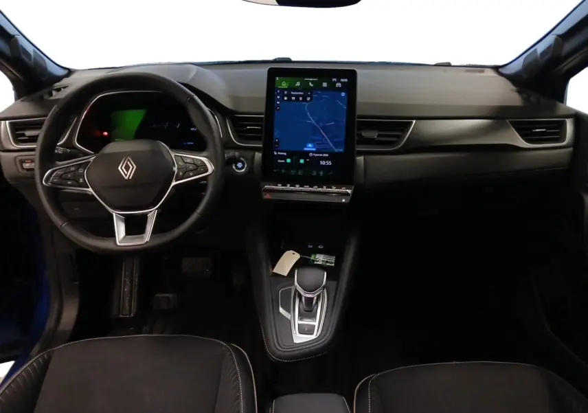 Vue intérieure frontale du tableau de bord du Renault Symbioz E-Tech Full Hybrid 145 Iconic 2025 avec écran tactile vertical.
