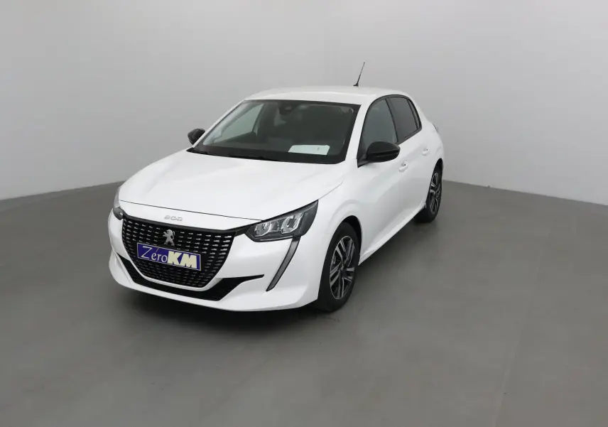 Peugeot 208 blanc vue 3/4 avant droit, avec calandre noire distinctive et jantes alliage 16 pouces.