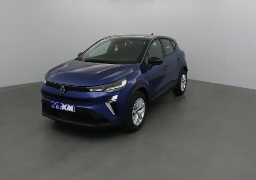 Renault Captur 1.0 TCE 90 Evolution bleu iron avec toit noir, vue 3/4 avant droit dans un studio gris.