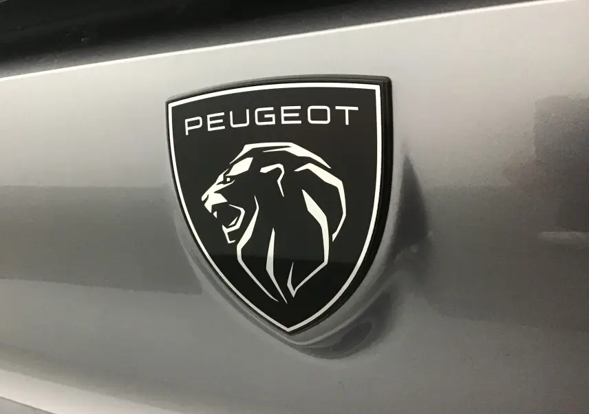 Gros plan sur l'emblème Peugeot noir et blanc sur la carrosserie gris artense d'une 308 diesel.