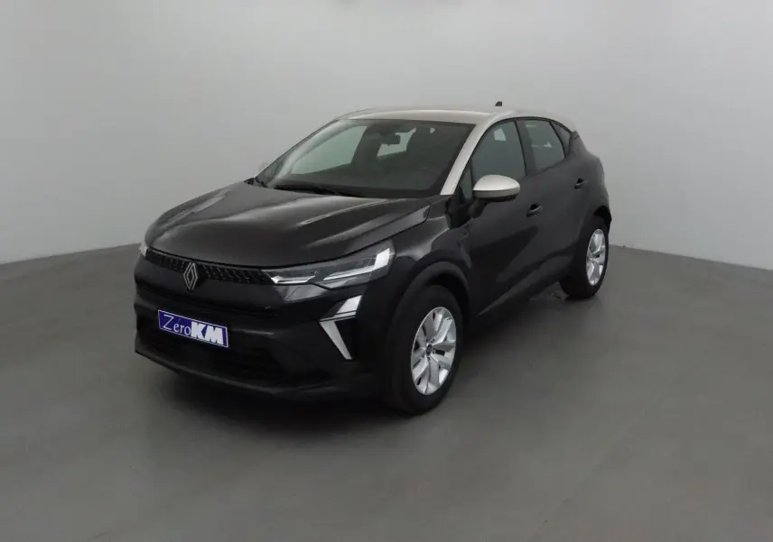 Renault Captur 1.0 TCE 90 Evolution noir/gris perle vu en 3/4 avant droit avec calandre moderne et jantes argentées.