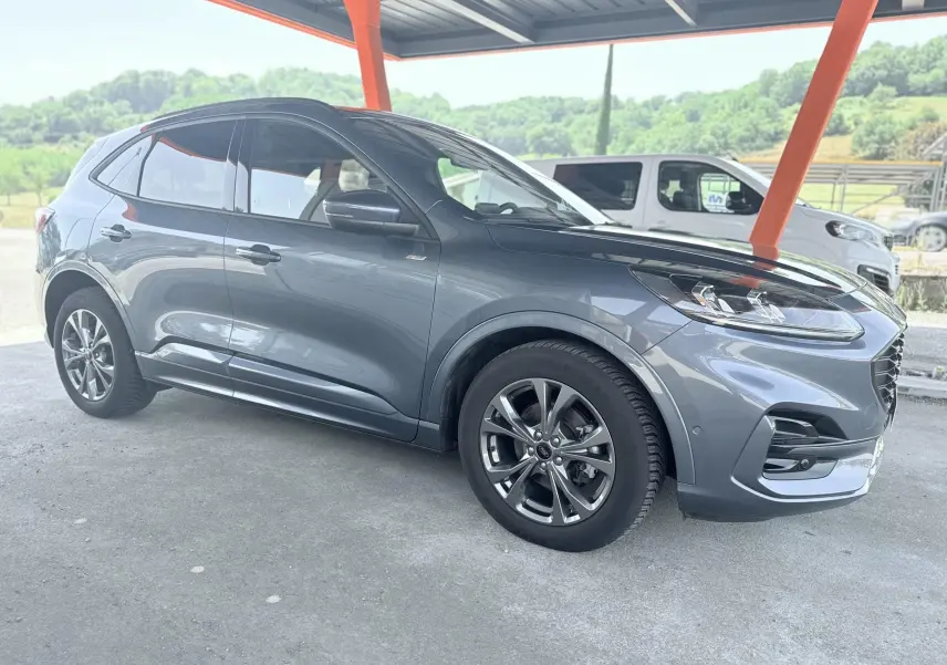 Ford Kuga 2.0 EcoBlue 120 BVA ST-Line X gris métallisé, vue de profil côté gauche sous abri rouge.