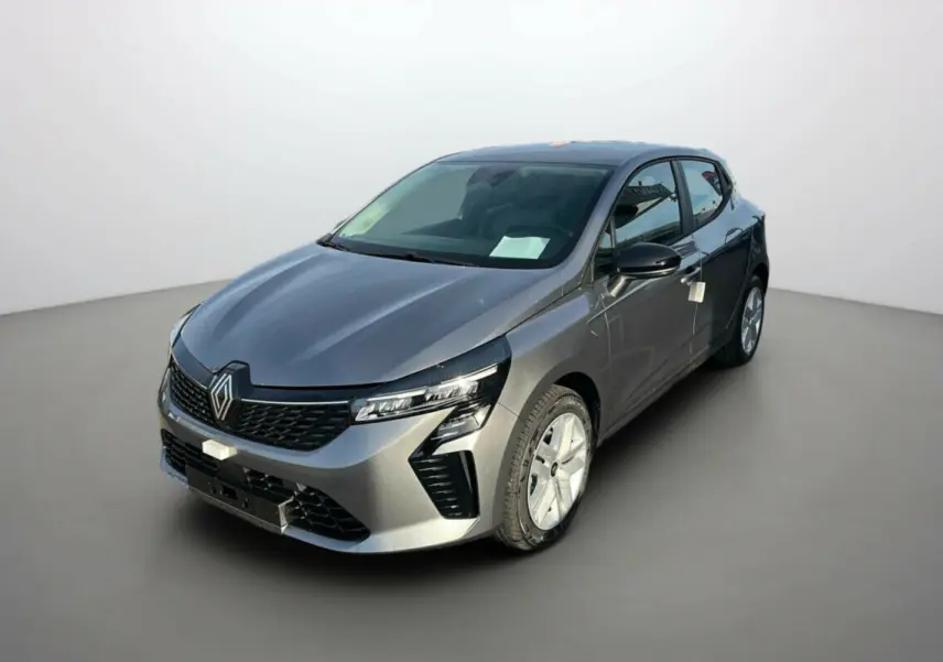 Renault Clio DCI 100 Evolution gris schiste, vue 3/4 avant droit avec feux LED et calandre noire.