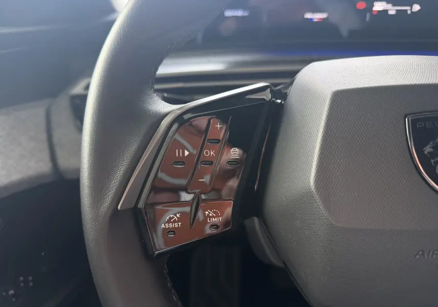 Gros plan sur les commandes gauche du volant noir du Peugeot 1007 gris artense, avec boutons d'assistance et limitation.