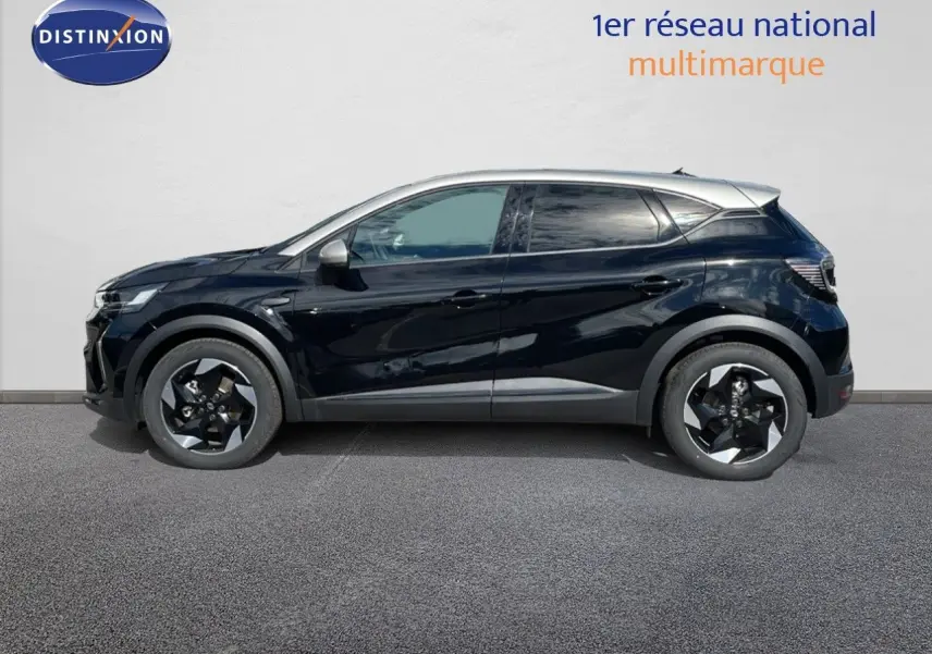 Profil côté gauche d'un Renault Captur E-Tech hybride noir étoile avec toit gris, roues 18 pouces bi-ton, 5 portes.