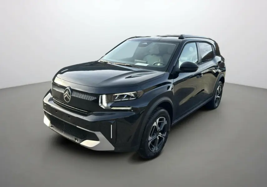 Citroën C3 Aircross Hybrid 145 noir perla nera vue 3/4 avant droit avec jantes alu 17 pouces et toit noir.
