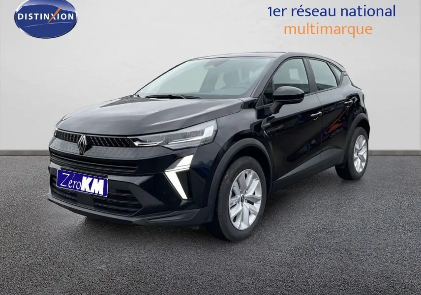 Renault Captur noir étoile métal en 3/4 avant droit, avec calandre moderne et feux LED distinctifs.
