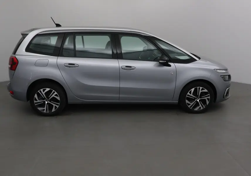 Profil côté droit d'un Citroën Grand C4 Spacetourer gris Artense 2021, monospace familial aux lignes fluides.
