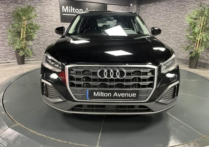 Vue frontale d'un Audi Q2 noir brillant avec calandre hexagonale et logo anneaux, en showroom intérieur.
